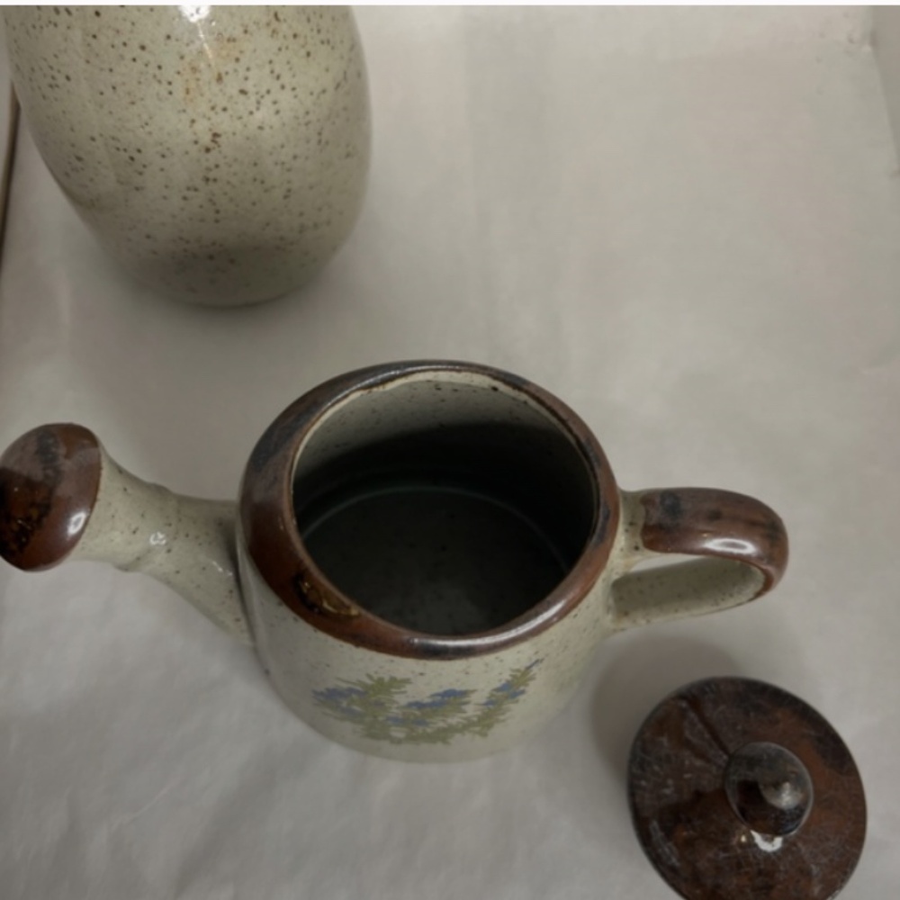 Vintage Takahashi Stoneware Gray Speckled 3 Pc Set with Blue Flowers Japan RARE - Picture 5 of 10